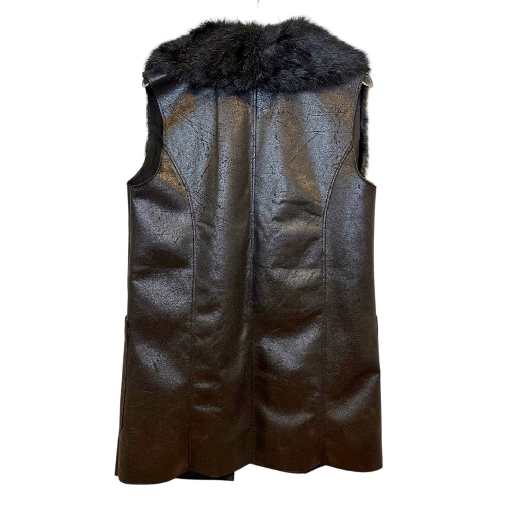 Express Black Faux Fur Oversized Collar Long Line Crackle Sueded Vest Sz L - Picture 11 of 15